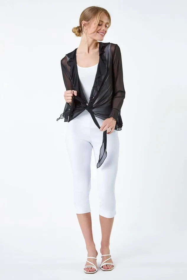 Women Black Tie Frill Detail VNeck Stretch Mesh Top Roman Tops