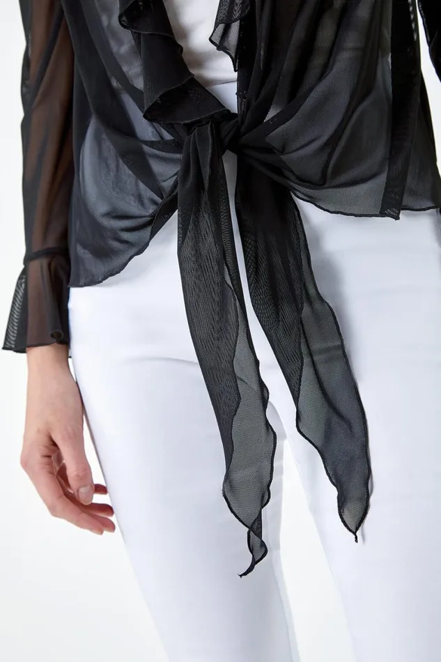 Women Black Tie Frill Detail VNeck Stretch Mesh Top Roman Tops