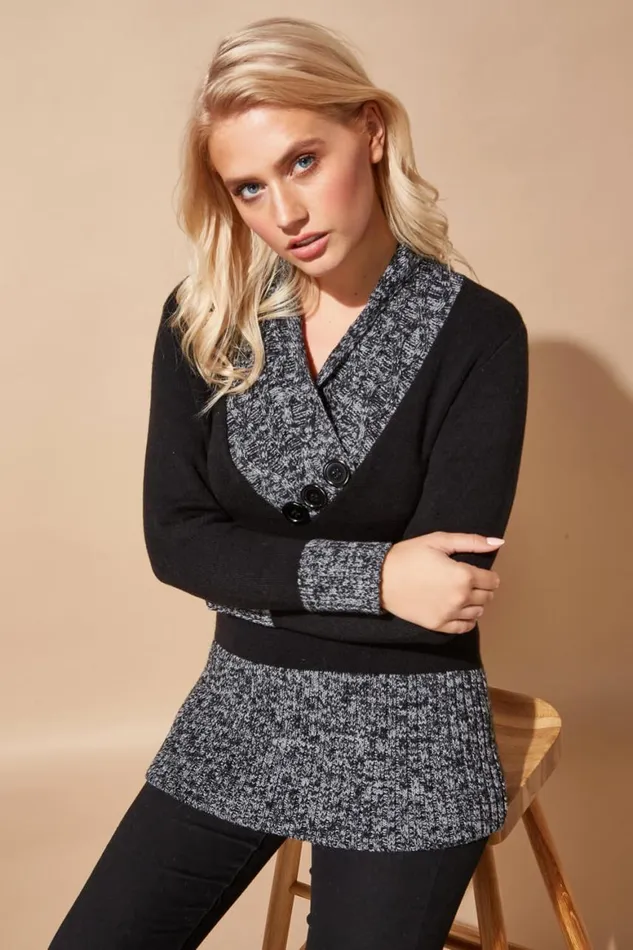 Women Black VNeck Overlap Button Detail Longline Jumper Roman Knitwear