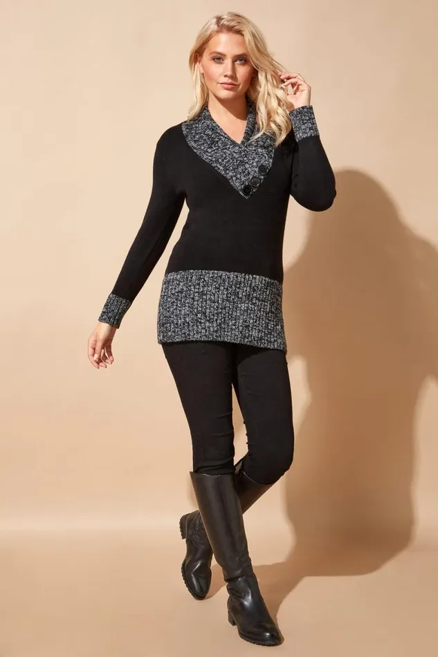 Women Black VNeck Overlap Button Detail Longline Jumper Roman Knitwear