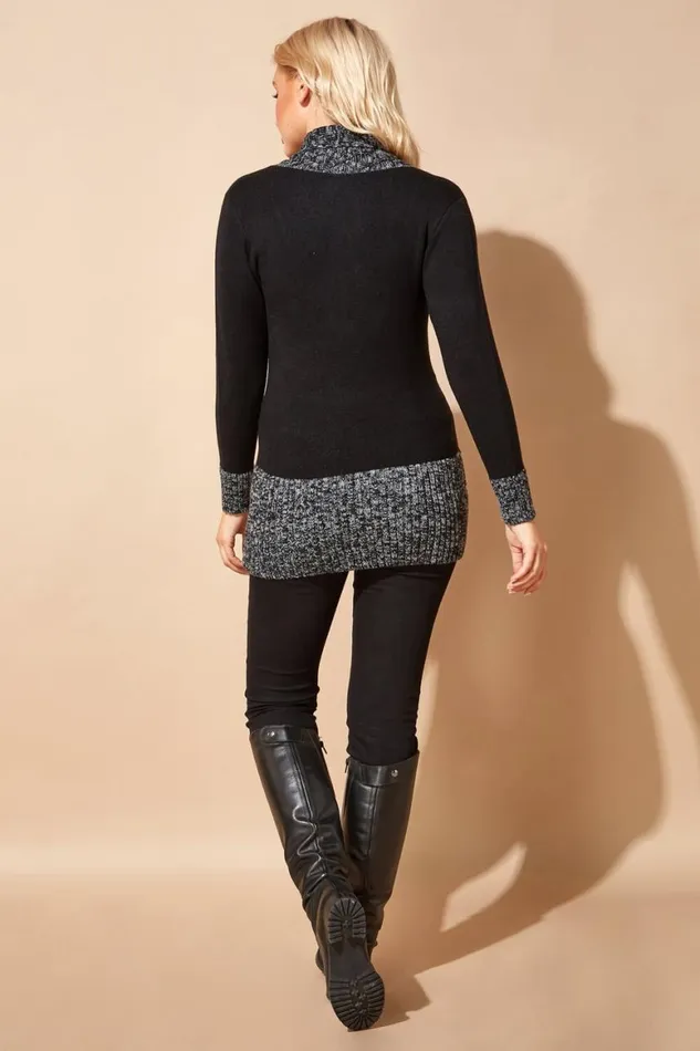 Women Black VNeck Overlap Button Detail Longline Jumper Roman Knitwear
