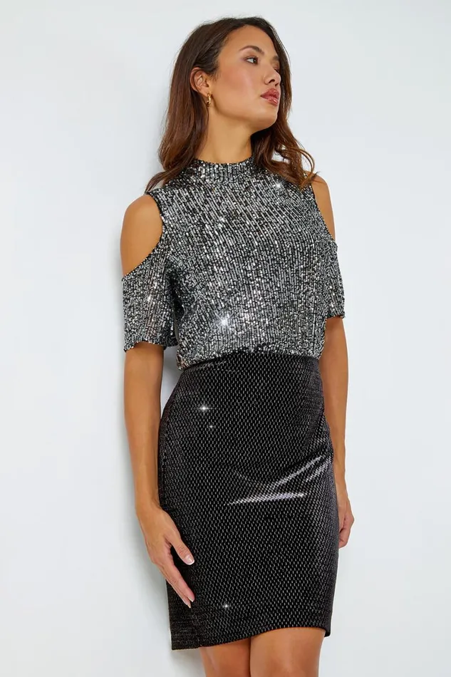 Women Black Velvet Glitter Pencil Elastic Waist Skirt Roman Skirts