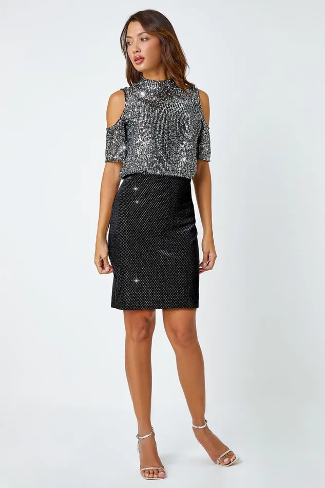 Women Black Velvet Glitter Pencil Elastic Waist Skirt Roman Skirts