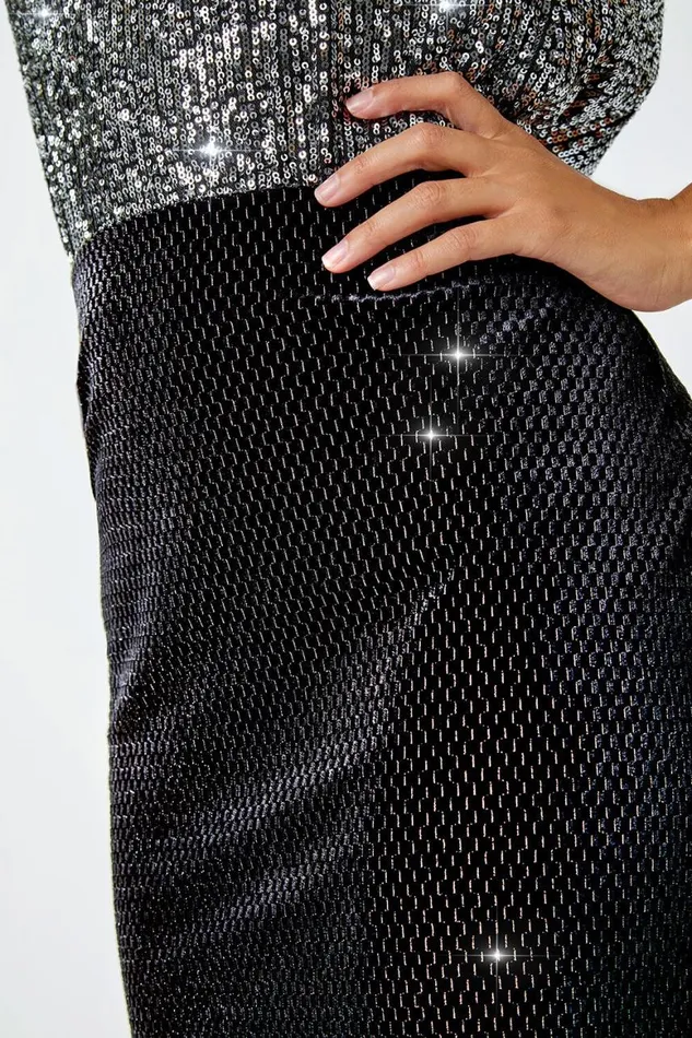 Women Black Velvet Glitter Pencil Elastic Waist Skirt Roman Skirts