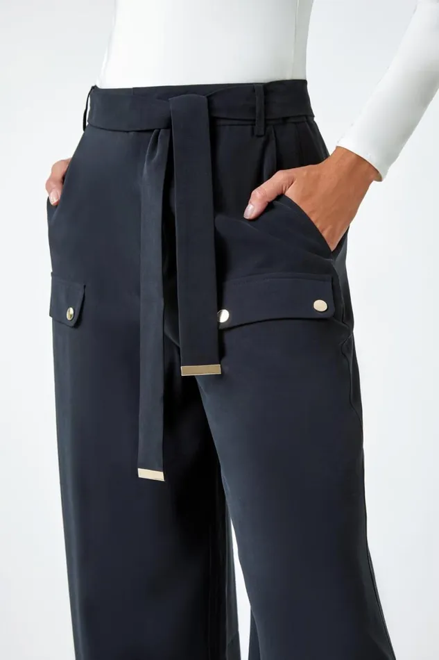Women Black Wide Leg Belted Stretch Trousers Roman Trousers