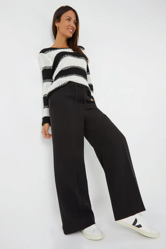 Women Black Wide Leg Elastic Waist Tie Front Trouser Roman Trousers