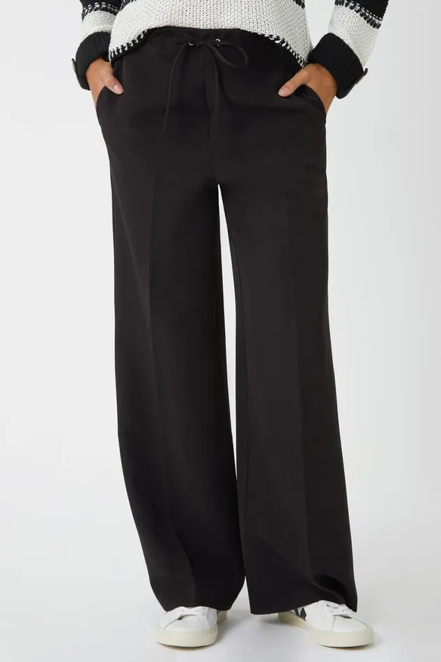 Women Black Wide Leg Elastic Waist Tie Front Trouser Roman Trousers