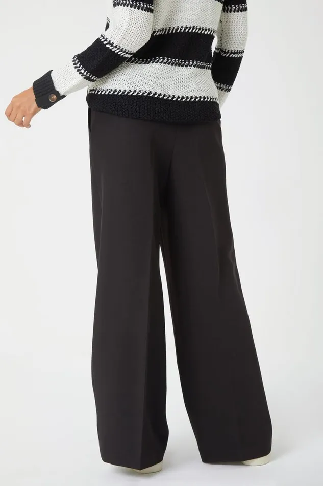 Women Black Wide Leg Elastic Waist Tie Front Trouser Roman Trousers