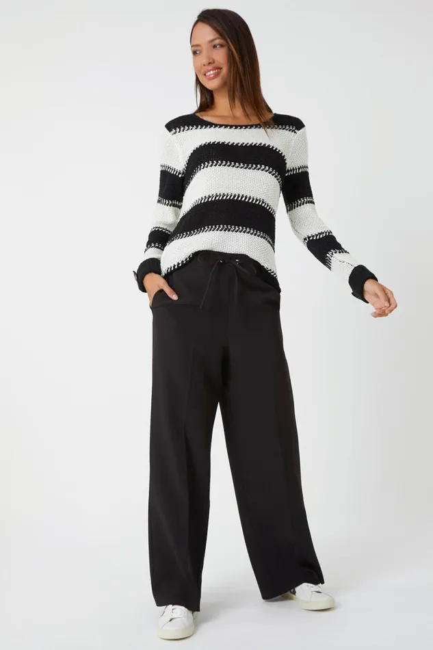 Women Black Wide Leg Elastic Waist Tie Front Trouser Roman Trousers