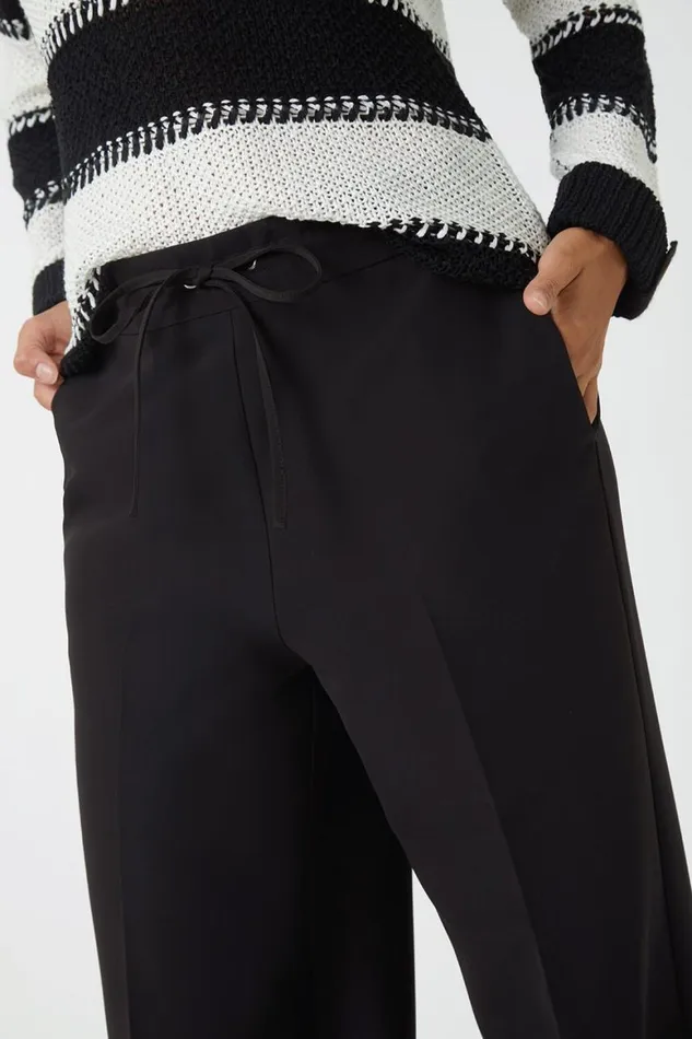 Women Black Wide Leg Elastic Waist Tie Front Trouser Roman Trousers