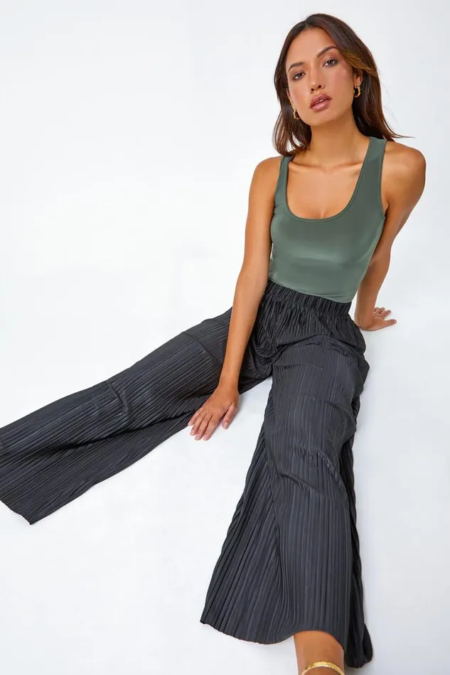 Women Black Wide Leg Plisse Elastic Waist Stretch Trouser Roman Occasionwear