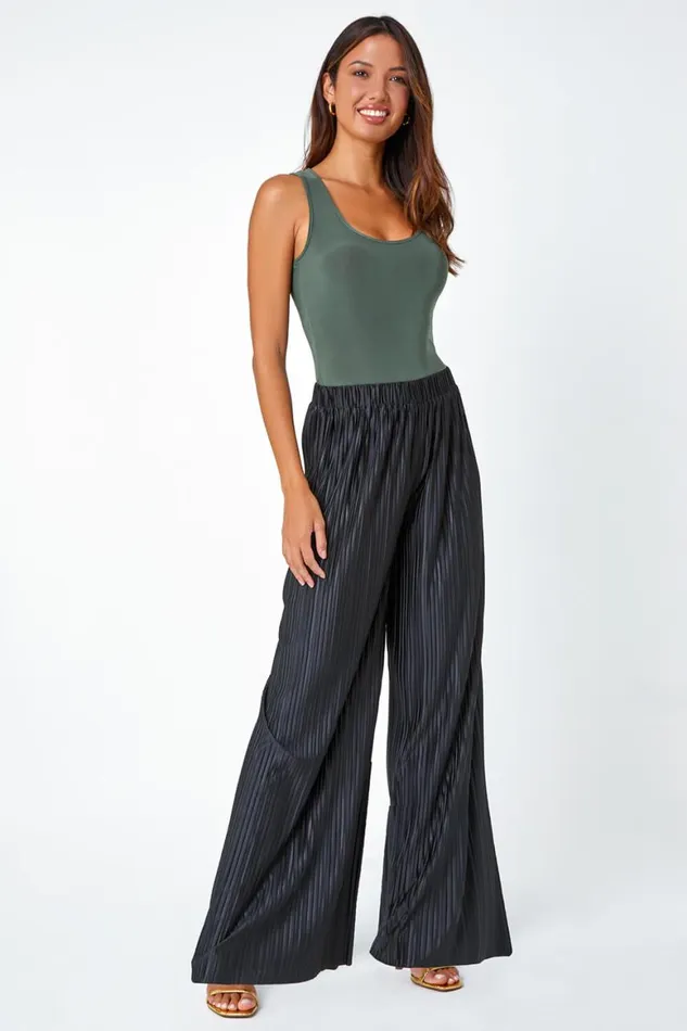 Women Black Wide Leg Plisse Elastic Waist Stretch Trouser Roman Occasionwear