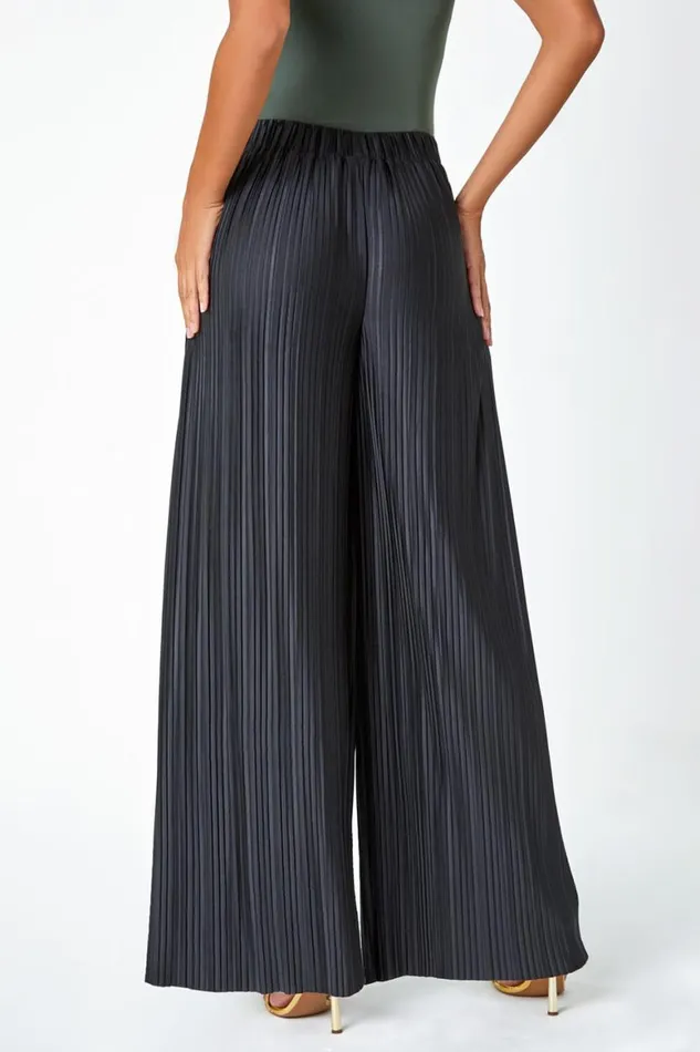 Women Black Wide Leg Plisse Elastic Waist Stretch Trouser Roman Occasionwear