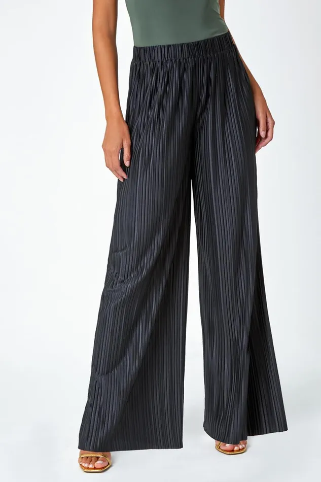 Women Black Wide Leg Plisse Elastic Waist Stretch Trouser Roman Occasionwear