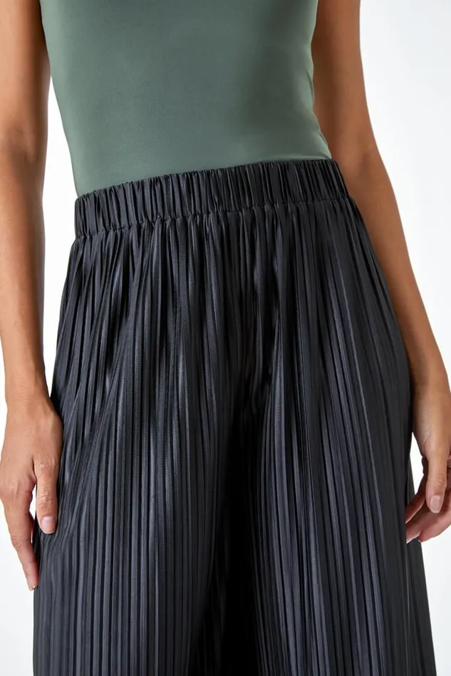 Women Black Wide Leg Plisse Elastic Waist Stretch Trouser Roman Occasionwear