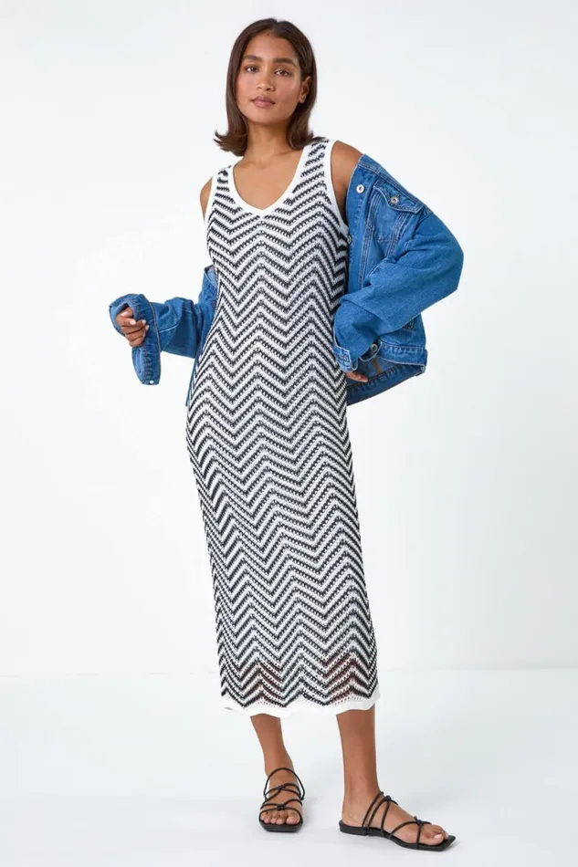 Women Black Zig Zag Crochet Knit Midi Dress Roman Dresses