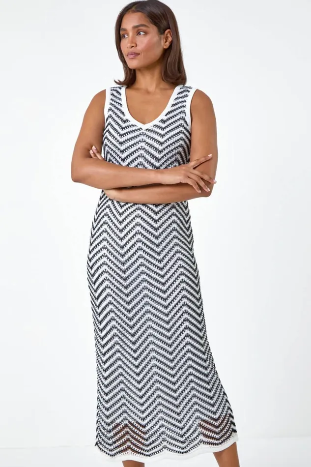 Women Black Zig Zag Crochet Knit Midi Dress Roman Dresses