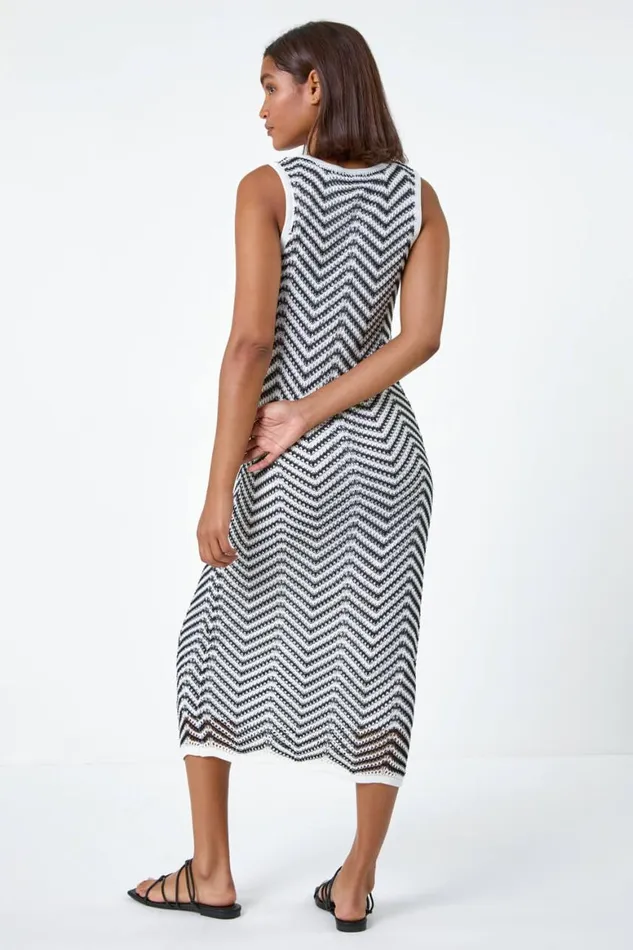 Women Black Zig Zag Crochet Knit Midi Dress Roman Dresses