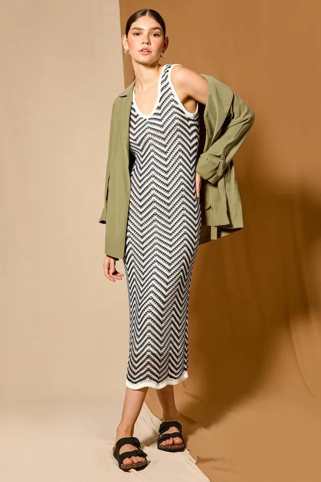 Women Black Zig Zag Crochet Knit Midi Dress Roman Dresses