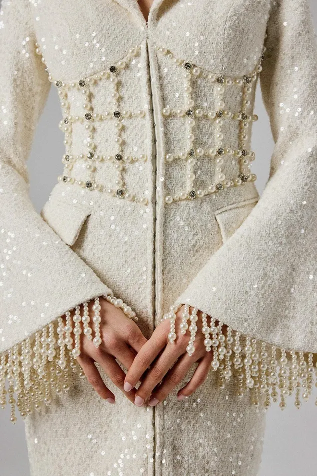 Women Blazer Dresses Lavish Alice CLARA Pearl Embellished Mini Boucle Blazer Dress In Beige Beige
