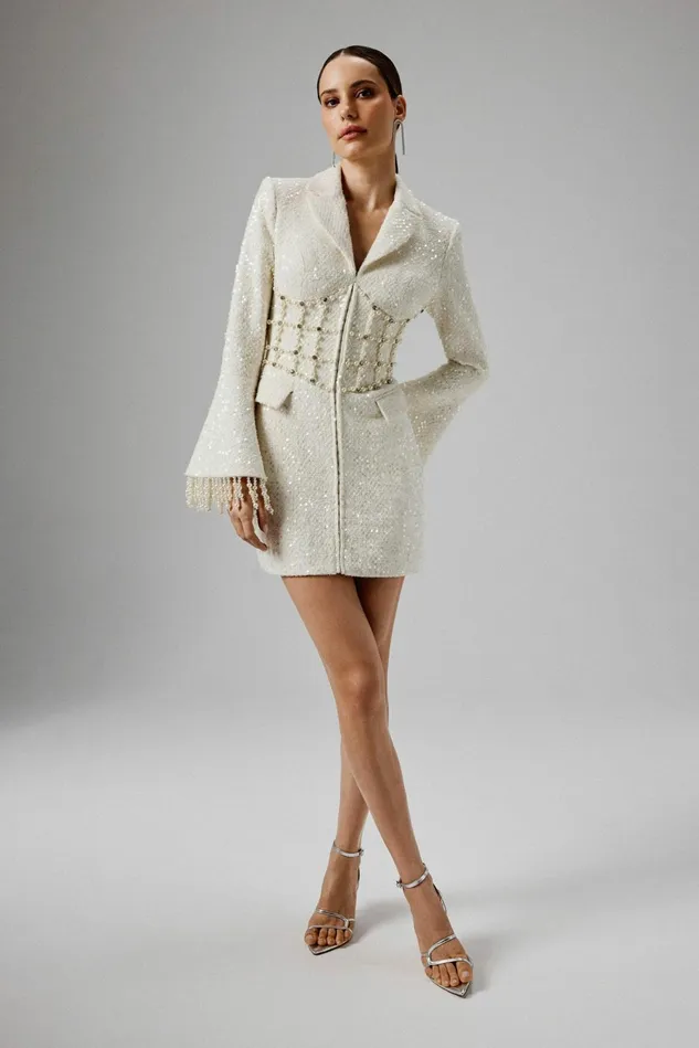 Women Blazer Dresses Lavish Alice CLARA Pearl Embellished Mini Boucle Blazer Dress In Beige Beige