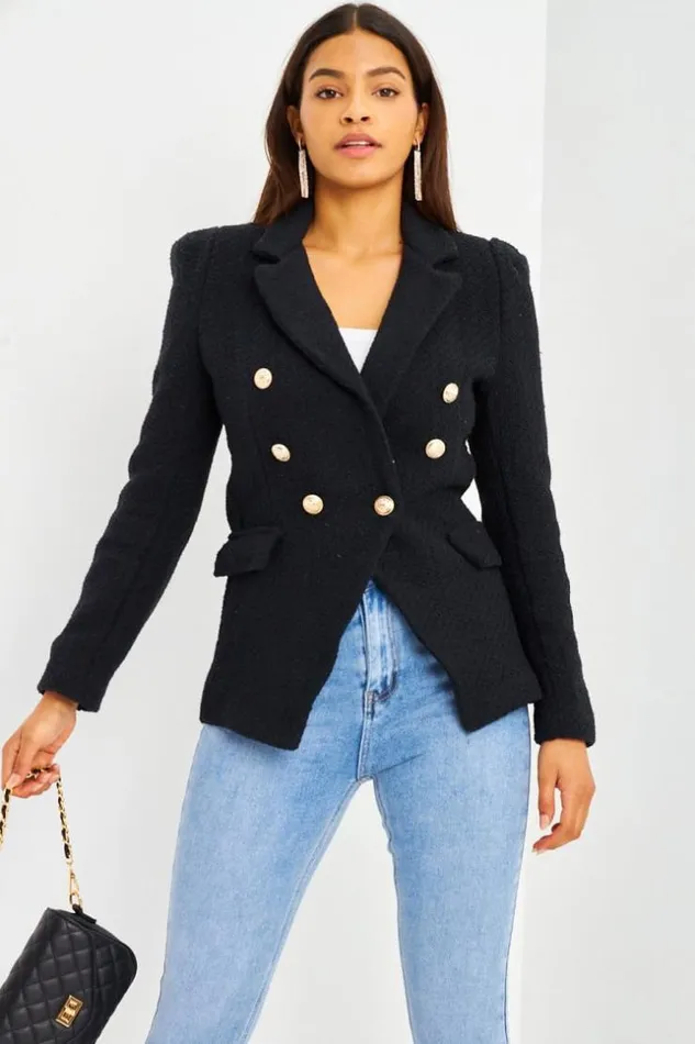 Women Blazer Noir Aspect Tweed Boutons Perles Brentiny Paris Jackets