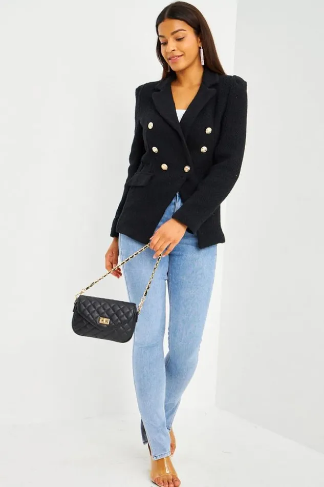Women Blazer Noir Aspect Tweed Boutons Perles Brentiny Paris Jackets