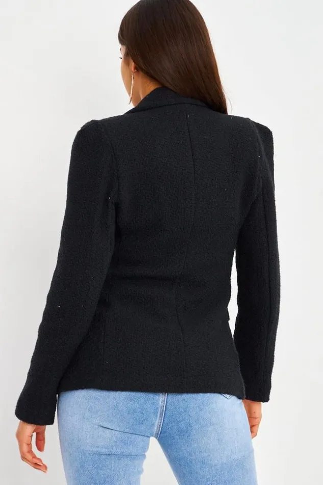 Women Blazer Noir Aspect Tweed Boutons Perles Brentiny Paris Jackets