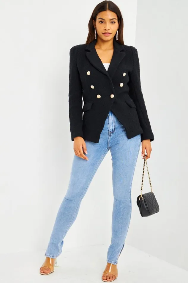Women Blazer Noir Aspect Tweed Boutons Perles Brentiny Paris Jackets