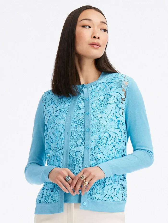 Women Blouses and Knits Oscar De La Renta Acorn Guipure Inset Cardigan Aqua