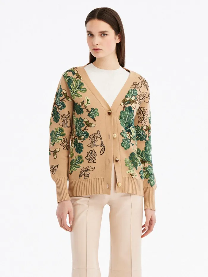 Women Blouses and Knits Oscar De La Renta Acorn Jacquard Cardigan Greencamel