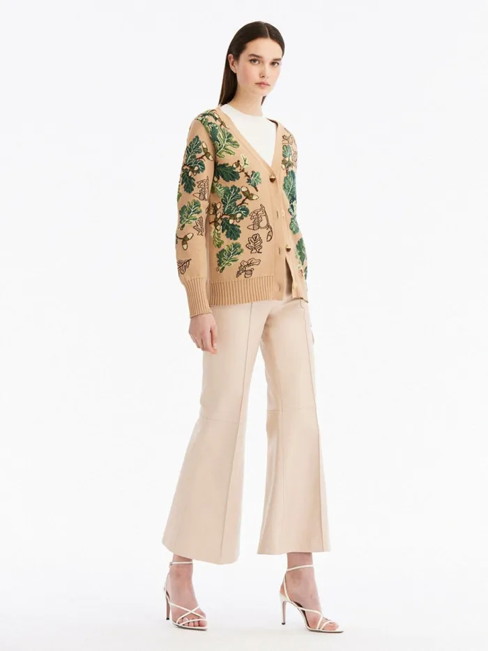 Women Blouses and Knits Oscar De La Renta Acorn Jacquard Cardigan Greencamel Women Blouses and Knits Oscar De La Renta Acorn Jacquard Cardigan Greencamel