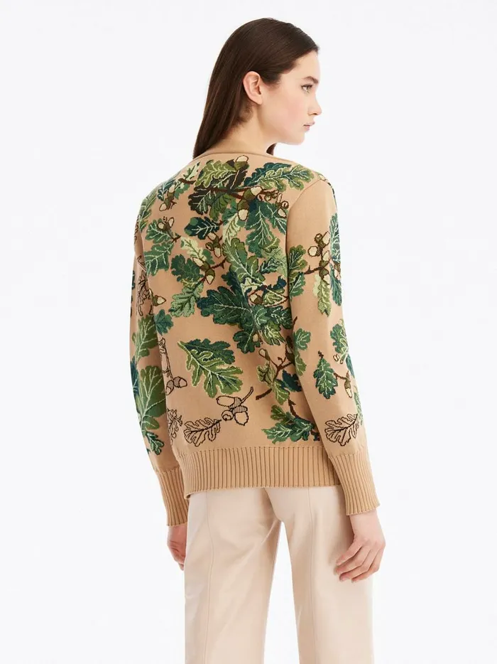 Women Blouses and Knits Oscar De La Renta Acorn Jacquard Cardigan Greencamel Women Blouses and Knits Oscar De La Renta Acorn Jacquard Cardigan Greencamel