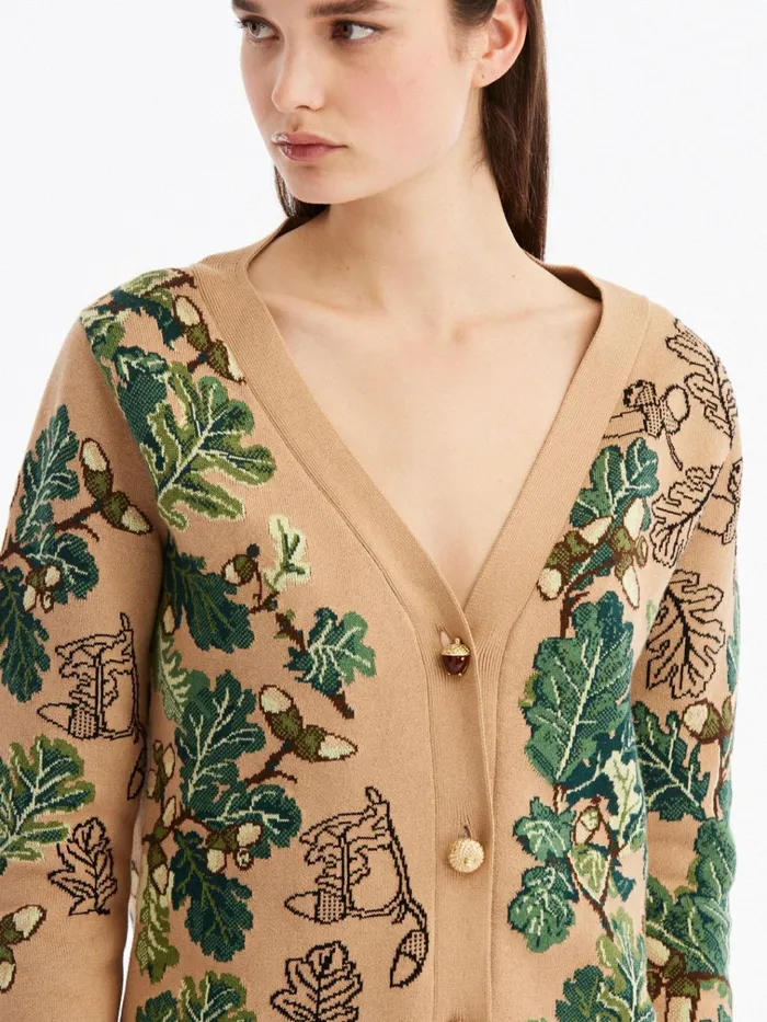 Women Blouses and Knits Oscar De La Renta Acorn Jacquard Cardigan Greencamel Women Blouses and Knits Oscar De La Renta Acorn Jacquard Cardigan Greencamel
