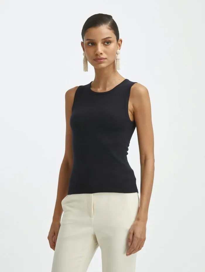 Women Blouses and Knits Oscar De La Renta Cashmere Silk Jewel Neck Tank Navy