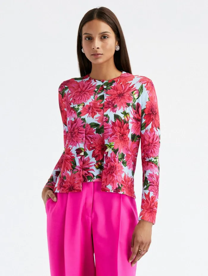 Women Blouses and Knits Oscar De La Renta Dahlia Printed Cardigan Fuchsiablue