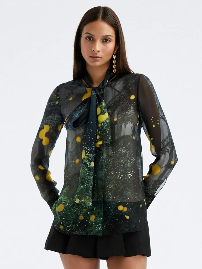 Women Blouses and Knits Oscar De La Renta Firefly TieNeck Chiffon Blouse Midnight Multi Women Blouses and Knits Oscar De La Renta Firefly TieNeck Chiffon Blouse Midnight Multi