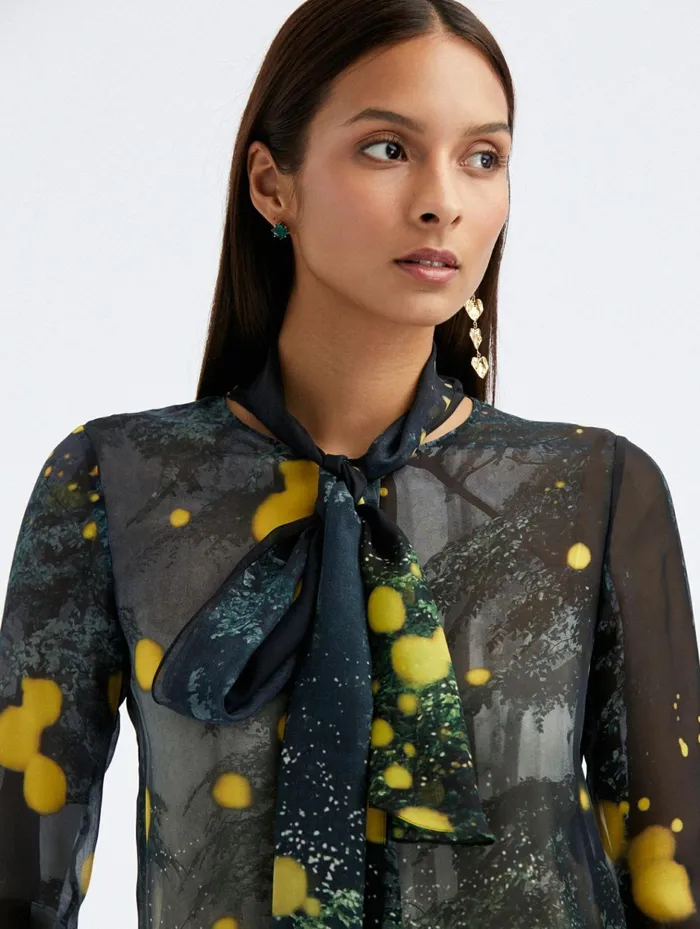 Women Blouses and Knits Oscar De La Renta Firefly TieNeck Chiffon Blouse Midnight Multi Women Blouses and Knits Oscar De La Renta Firefly TieNeck Chiffon Blouse Midnight Multi