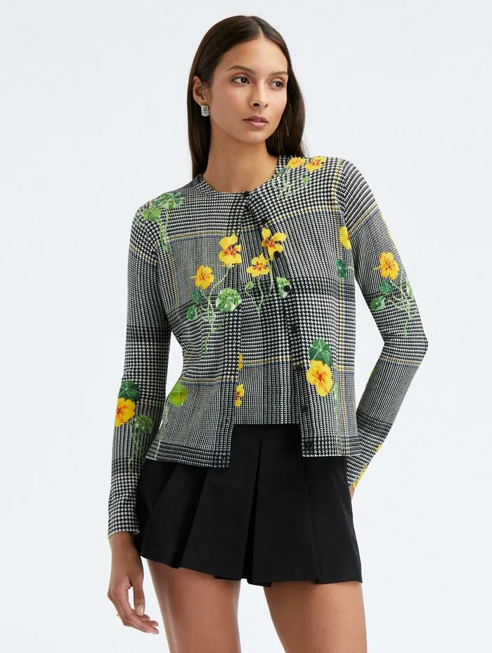 Women Blouses and Knits Oscar De La Renta Nasturtium Plaid Printed Cardigan Ivory Multi