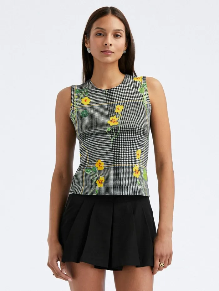 Women Blouses and Knits Oscar De La Renta Nasturtium Plaid Printed Tank Ivory Multi