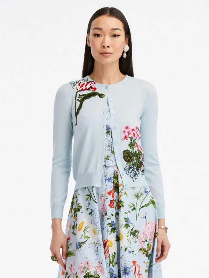 Women Blouses and Knits Oscar De La Renta Sketched Floral Threadwork Cardigan Light Blue