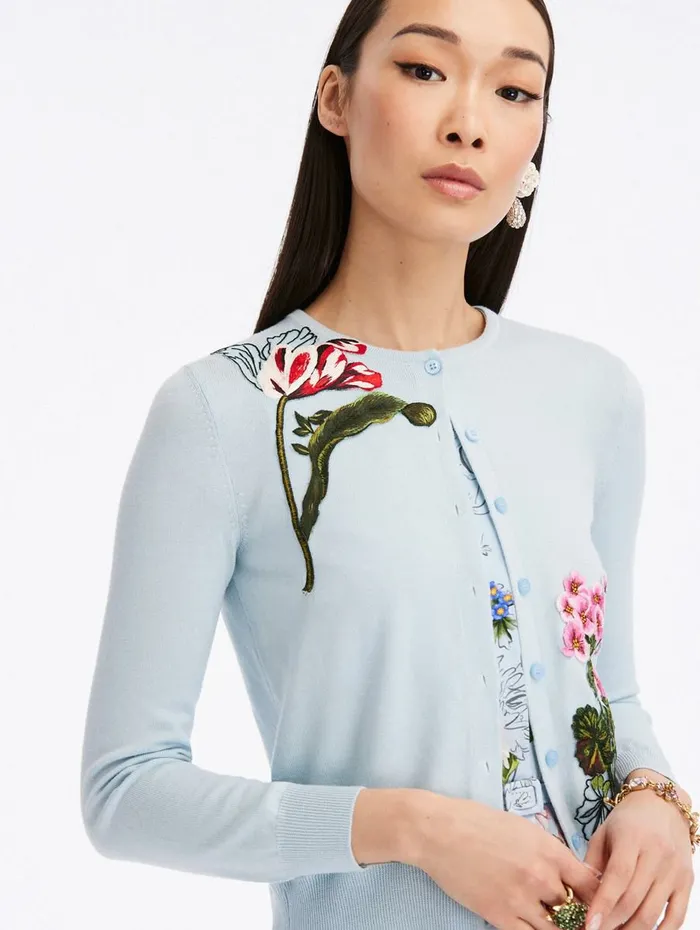 Women Blouses and Knits Oscar De La Renta Sketched Floral Threadwork Cardigan Light Blue Women Blouses and Knits Oscar De La Renta Sketched Floral Threadwork Cardigan Light Blue