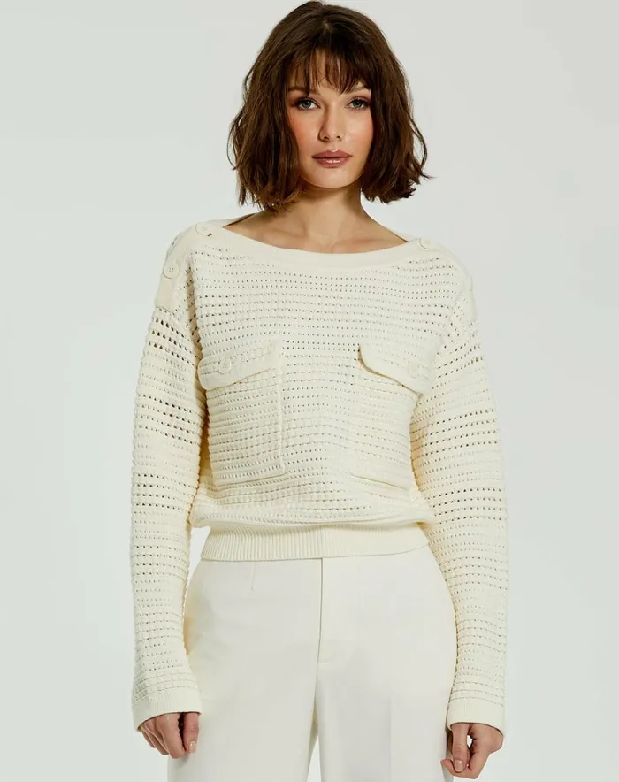 Women Blouses And Tops Mac Duggal Long Sleeve Crochet Knit Crew Neck Sweater With Pockets 8211 FINAL SALE Cream Women Blouses And Tops Mac Duggal Long Sleeve Crochet Knit Crew Neck Sweater With Pockets 8211 FINAL SALE Cream