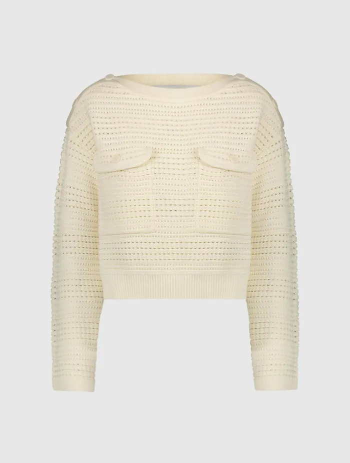 Women Blouses And Tops Mac Duggal Long Sleeve Crochet Knit Crew Neck Sweater With Pockets 8211 FINAL SALE Cream