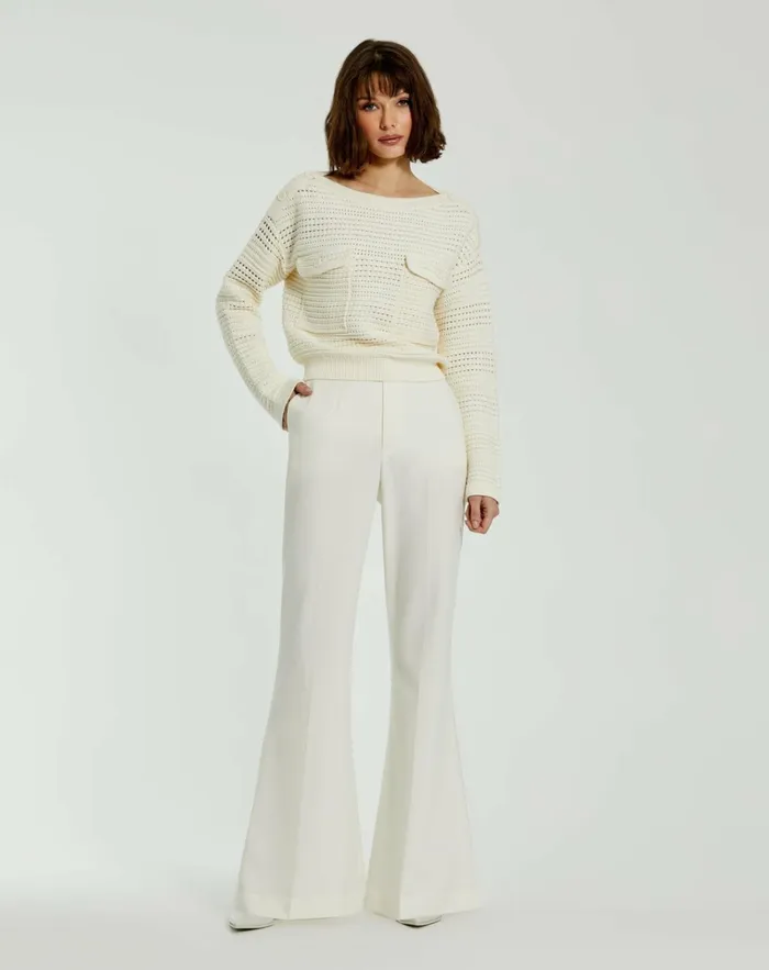 Women Blouses And Tops Mac Duggal Long Sleeve Crochet Knit Crew Neck Sweater With Pockets 8211 FINAL SALE Cream