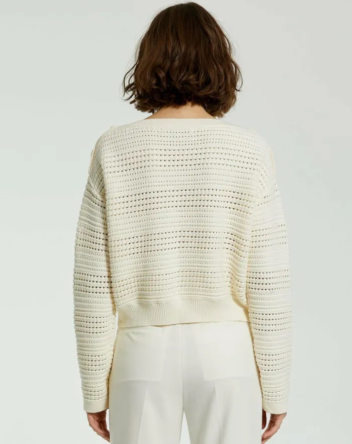 Women Blouses And Tops Mac Duggal Long Sleeve Crochet Knit Crew Neck Sweater With Pockets 8211 FINAL SALE Cream