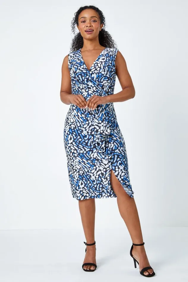 Women Blue Abstract Print Buckle Detail Midi Stretch Dress Roman Dresses