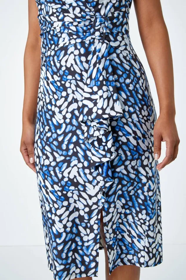 Women Blue Abstract Print Buckle Detail Midi Stretch Dress Roman Dresses