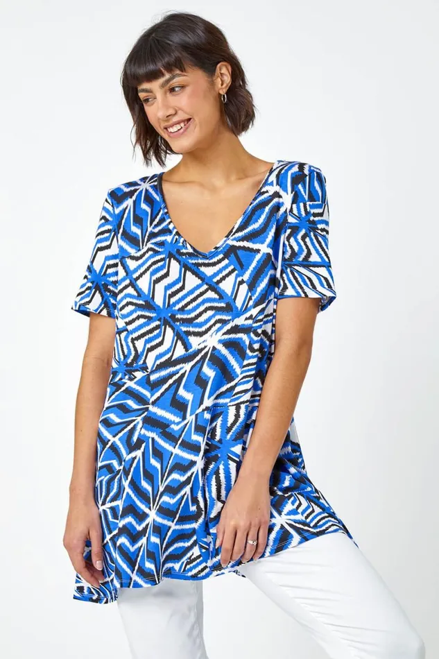 Women Blue Abstract Print VNeck Jersey Tunic Top Roman Tops