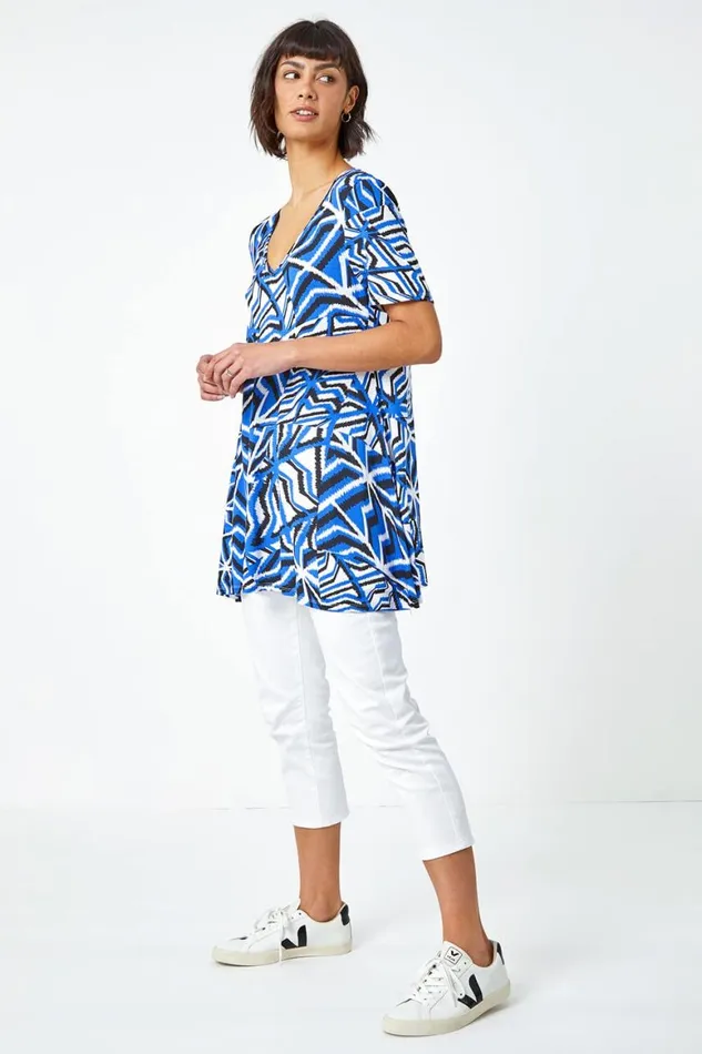 Women Blue Abstract Print VNeck Jersey Tunic Top Roman Tops